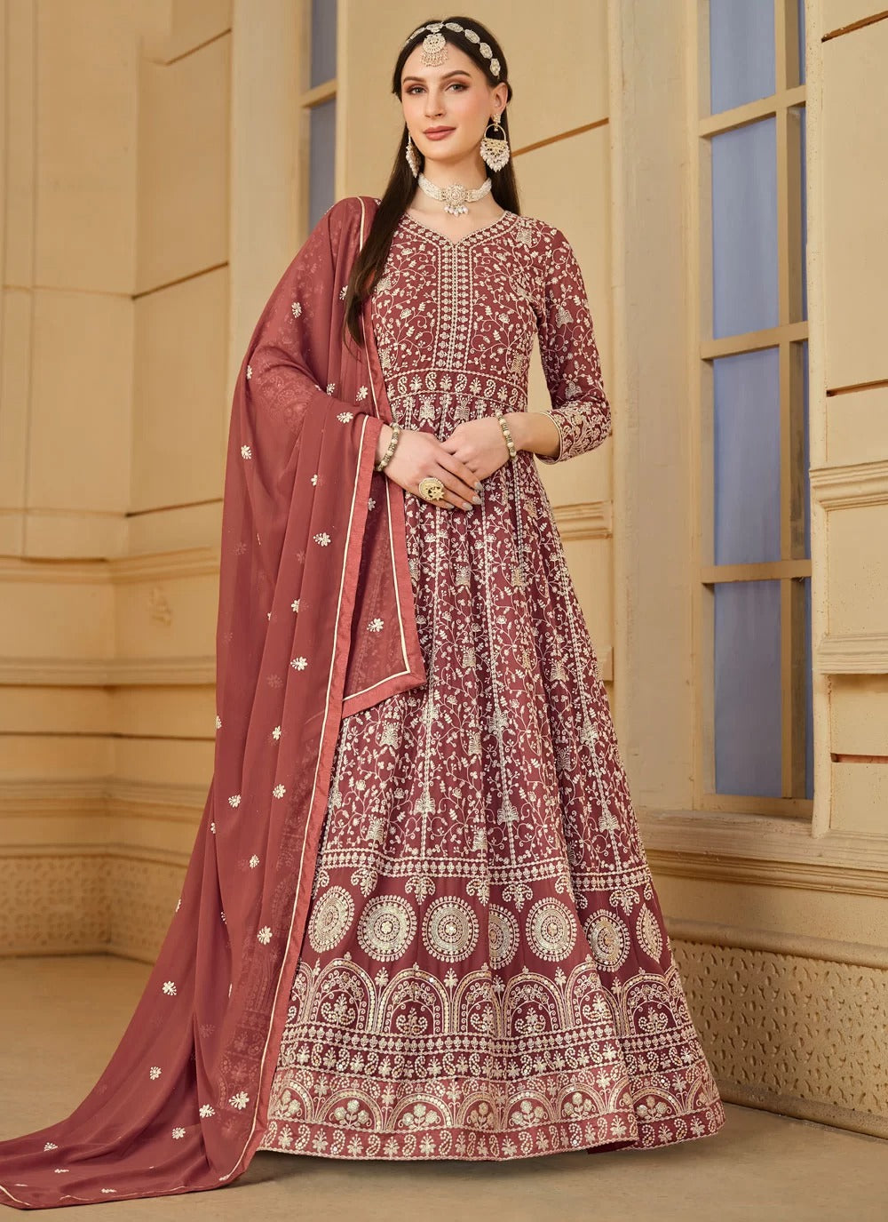 Embroidered Anarkali Suit Set in Brown | Faux Georgette Festive Ethnic Wear