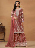 Brown Faux Georgette Embroidered Palazzo Suit For Women