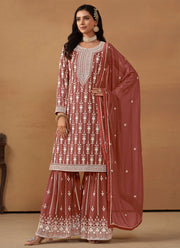 Brown Faux Georgette Embroidered Palazzo Suit For Women