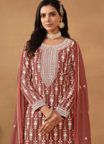 Brown Faux Georgette Embroidered Palazzo Suit For Women