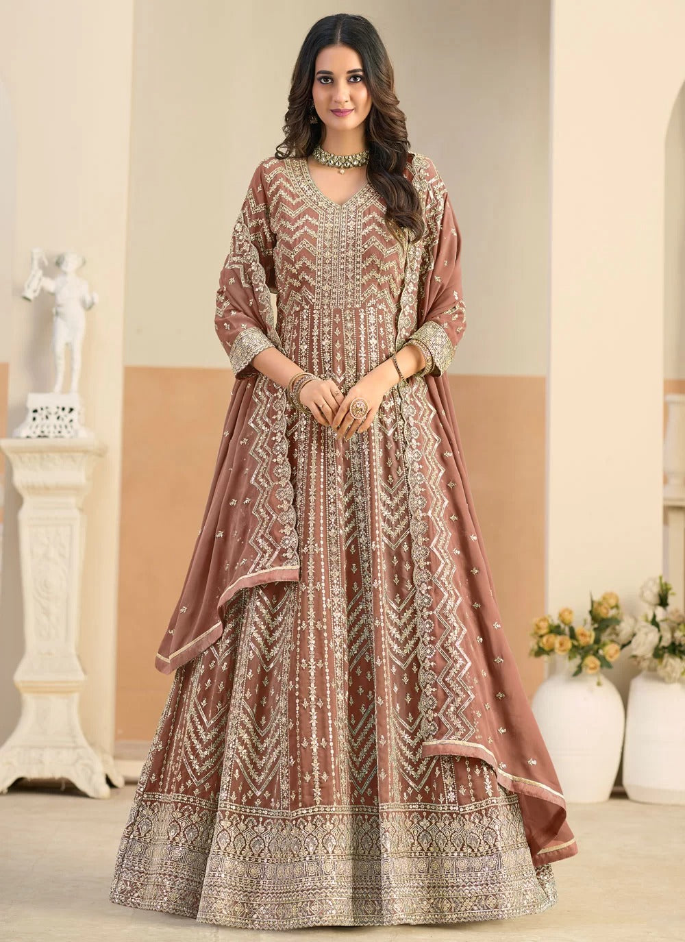 Embroidered brown Anarkali dress with dupatta