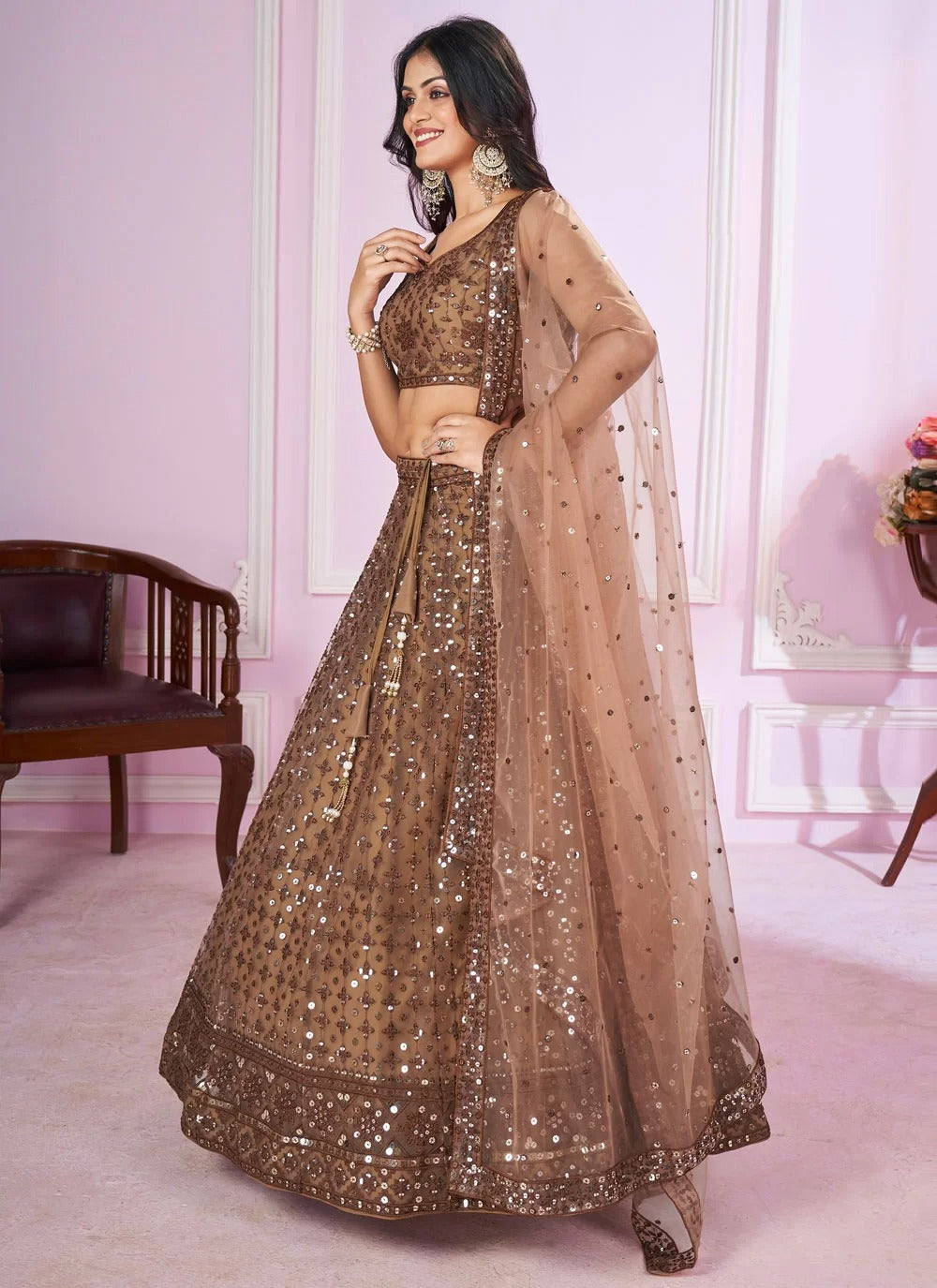 Brown soft net lehenga with thread embroidery work