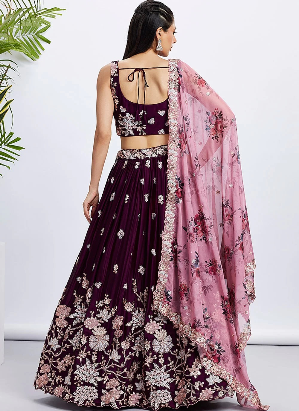 Burgundy Bridesmaid Lehenga In Poly Georgette with Organza Dupatta Embroidery