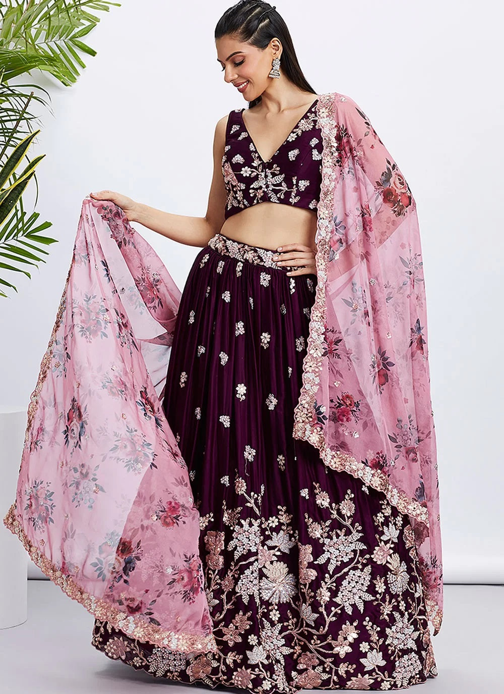 Burgundy Bridesmaid Lehenga In Poly Georgette with Organza Dupatta Embroidery