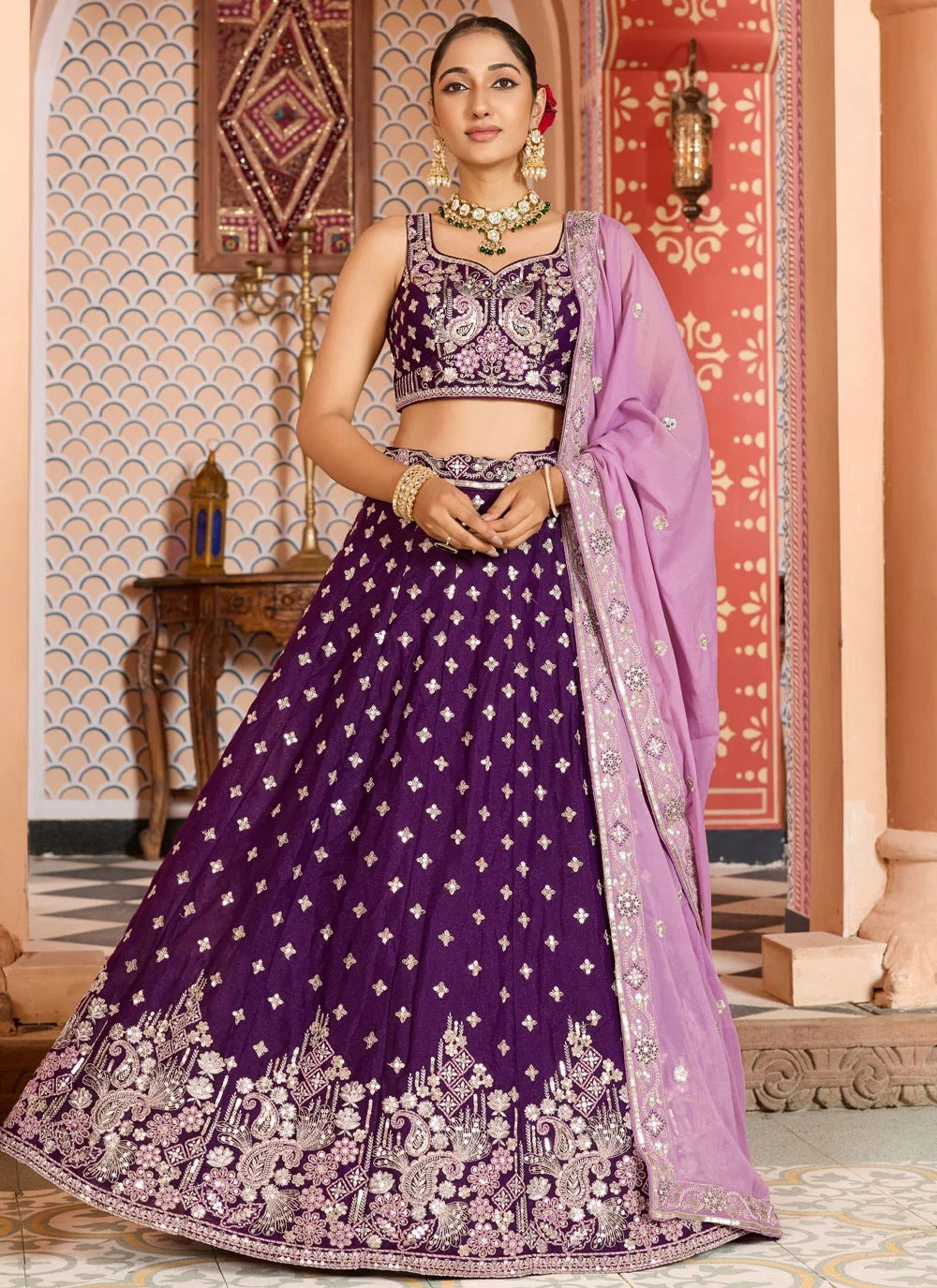 Wine ring ceremony lehenga with lavender dupatta