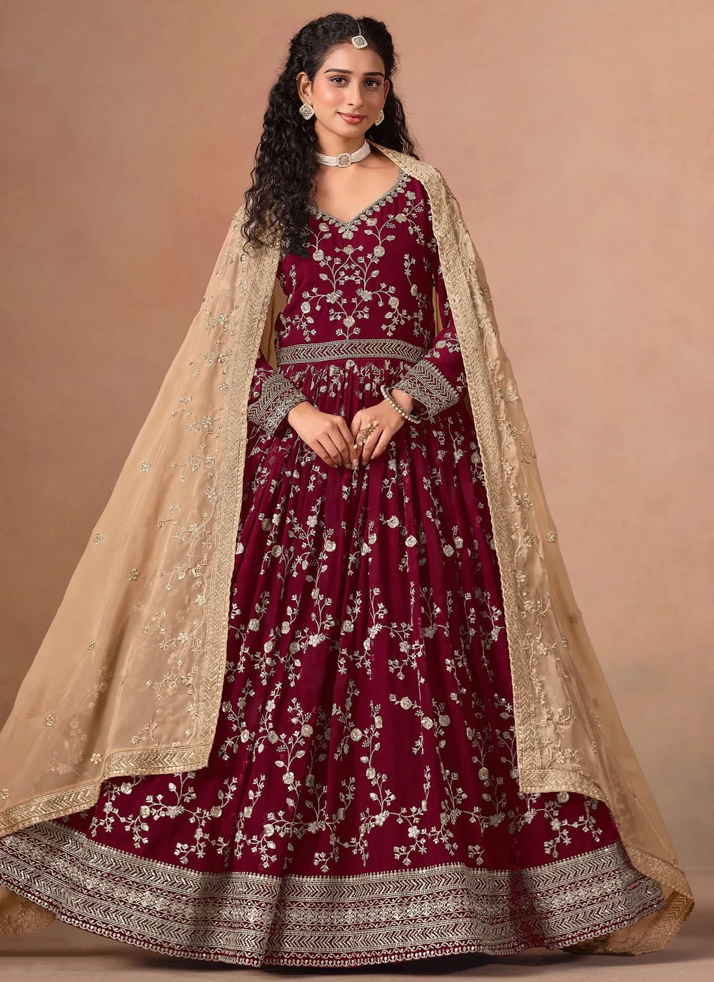 Burgundy Faux Georgette Floor Length Anarkali Suit