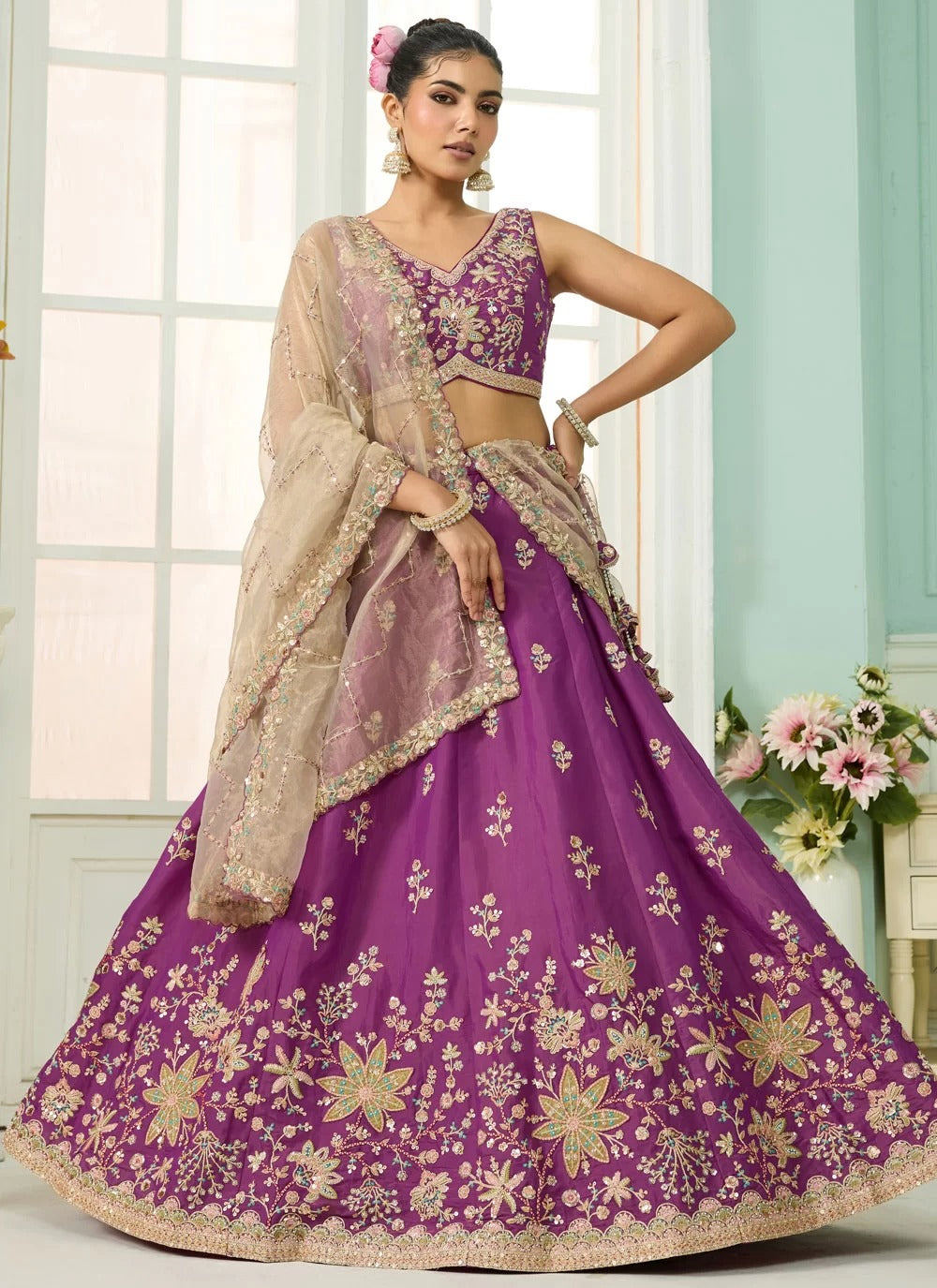 Burgundy Georgette Designer Lehenga with Sequins Embroidery