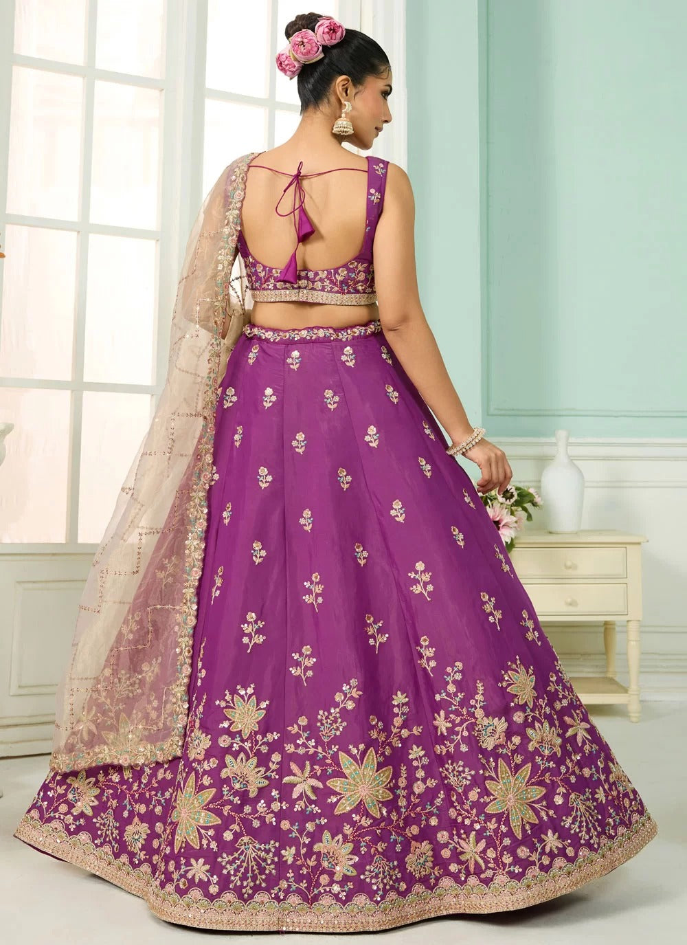 Burgundy georgette lehenga choli with sequins, stone work and organza dupatta