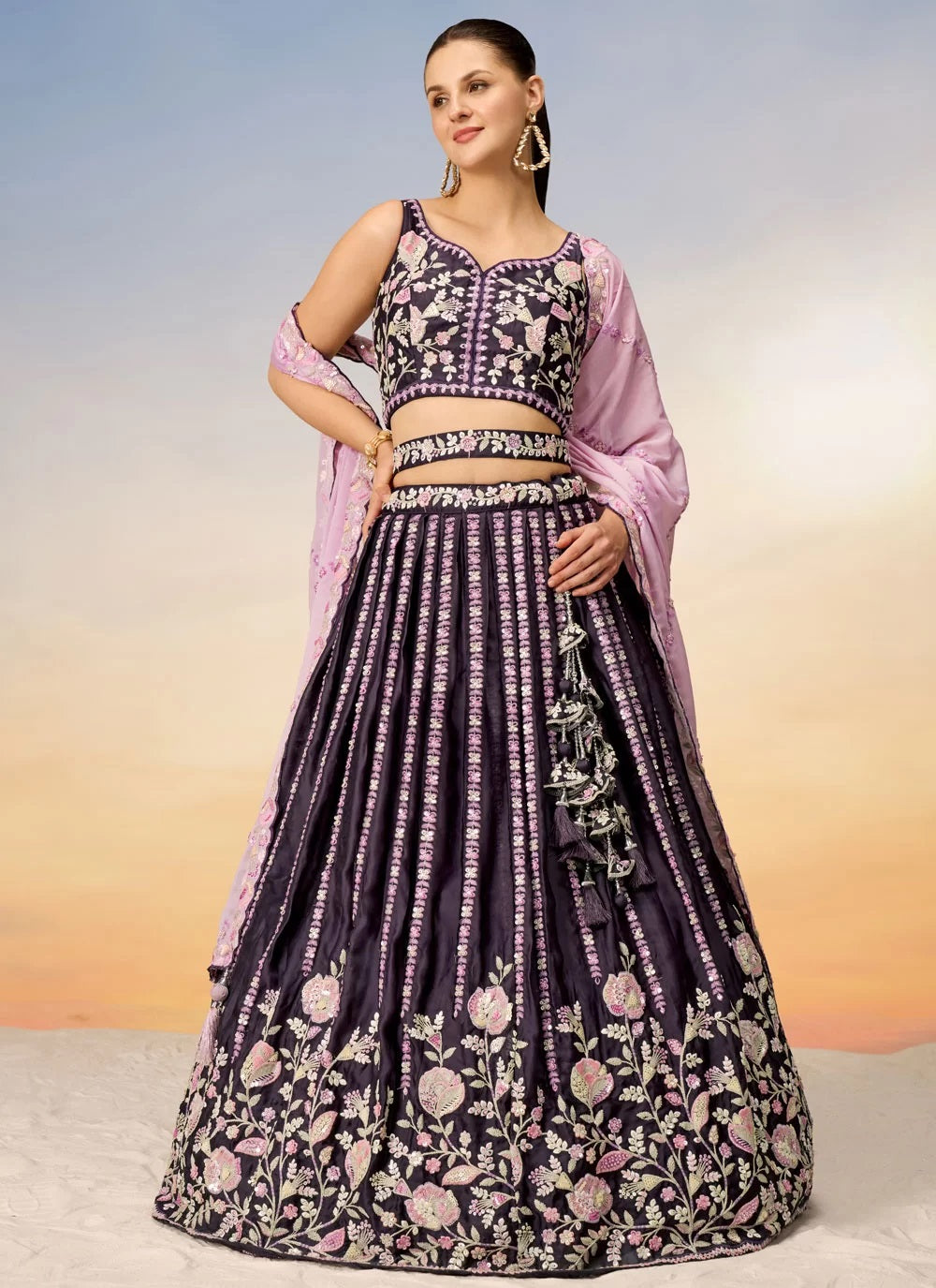 Burgundy Luxurious Indian Wedding Lehenga with Heavy Embellishments Of Sequins and Coding thread