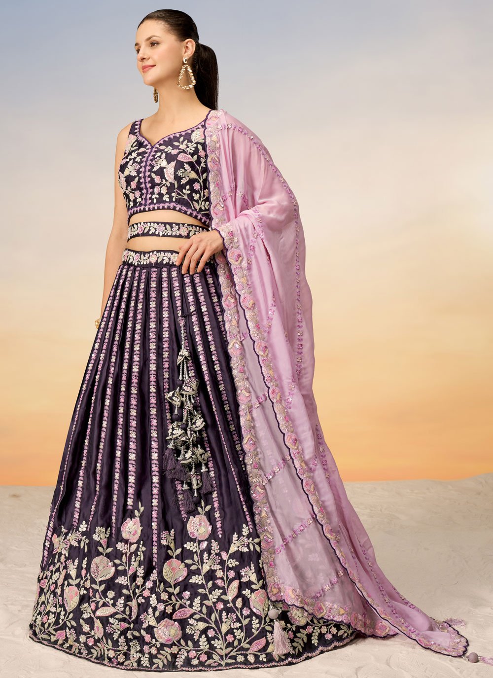 Burgundy Luxurious Indian Wedding Lehenga with Heavy Embellishments Of Sequins and Coding thread