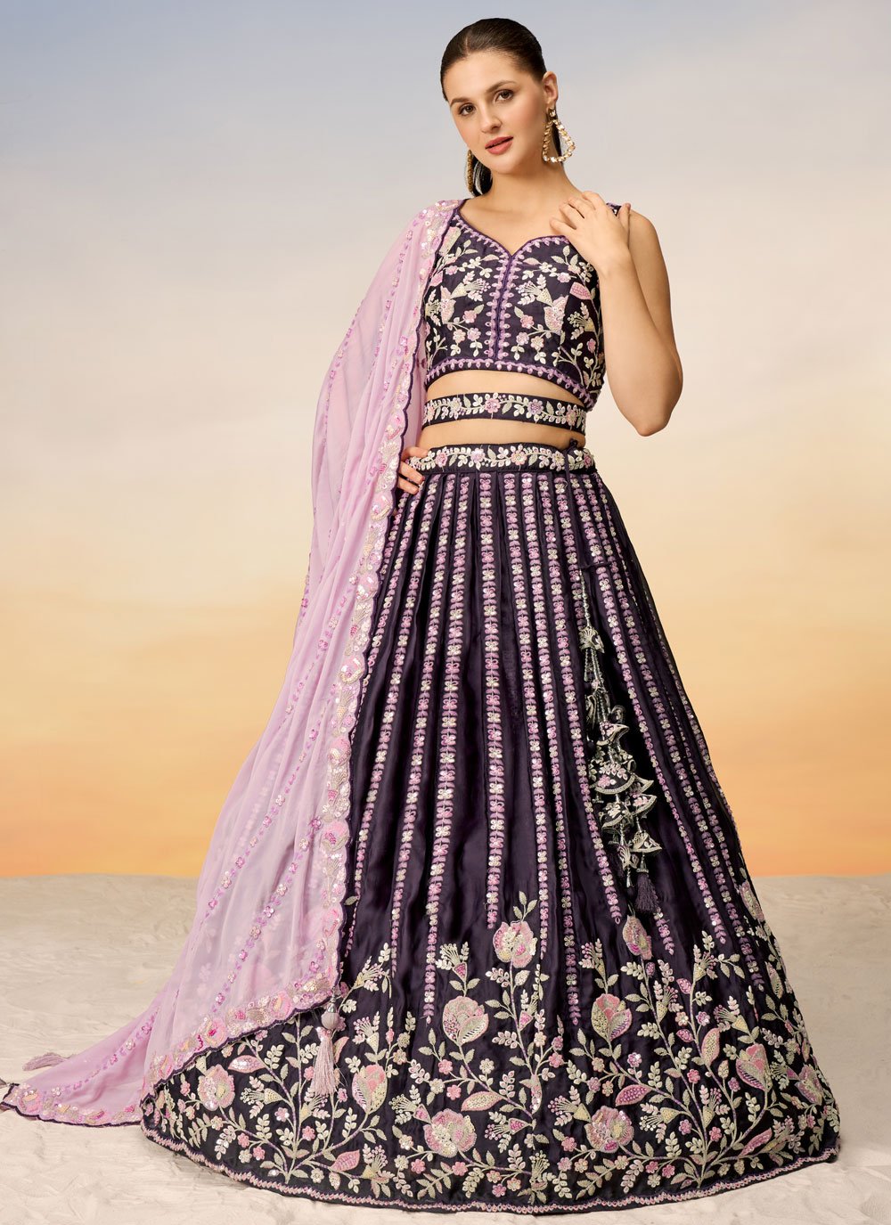 Burgundy Luxurious Indian Wedding Lehenga with Heavy Embellishments Of Sequins and Coding thread