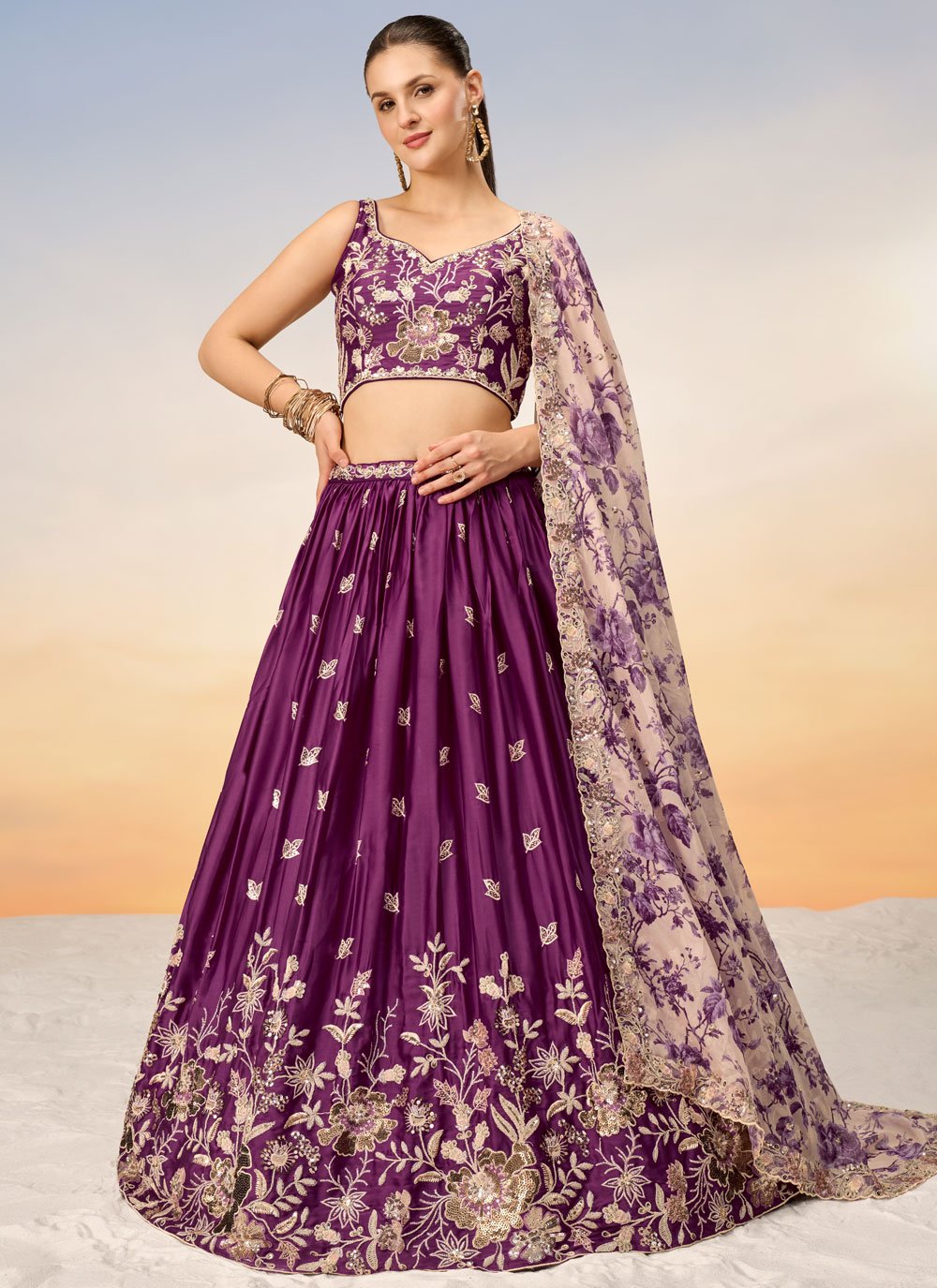 Burgundy Poly Chiffon Lehenga With Sequins & Coding Thread Embroidery