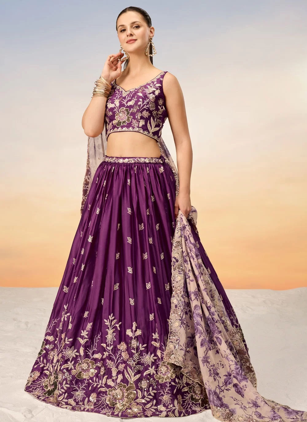 Burgundy Poly Chiffon Lehenga With Sequins & Coding Thread Embroidery