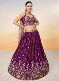 Burgundy Poly Chiffon Lehenga With Sequins & Coding Thread Embroidery