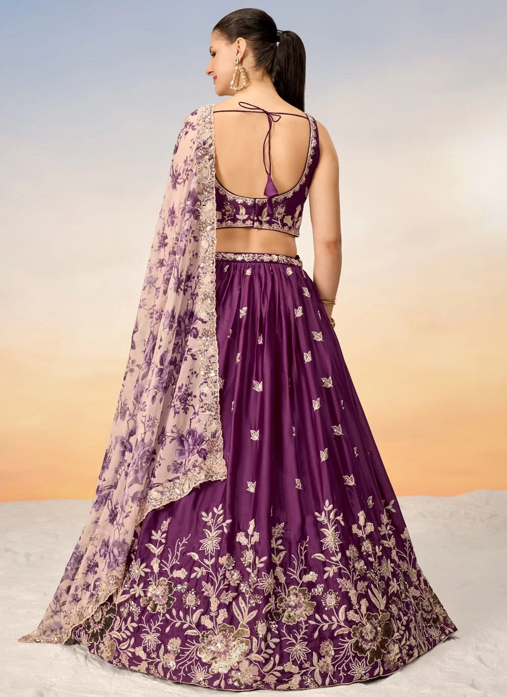 Burgundy Poly Chiffon Lehenga With Sequins & Coding Thread Embroidery