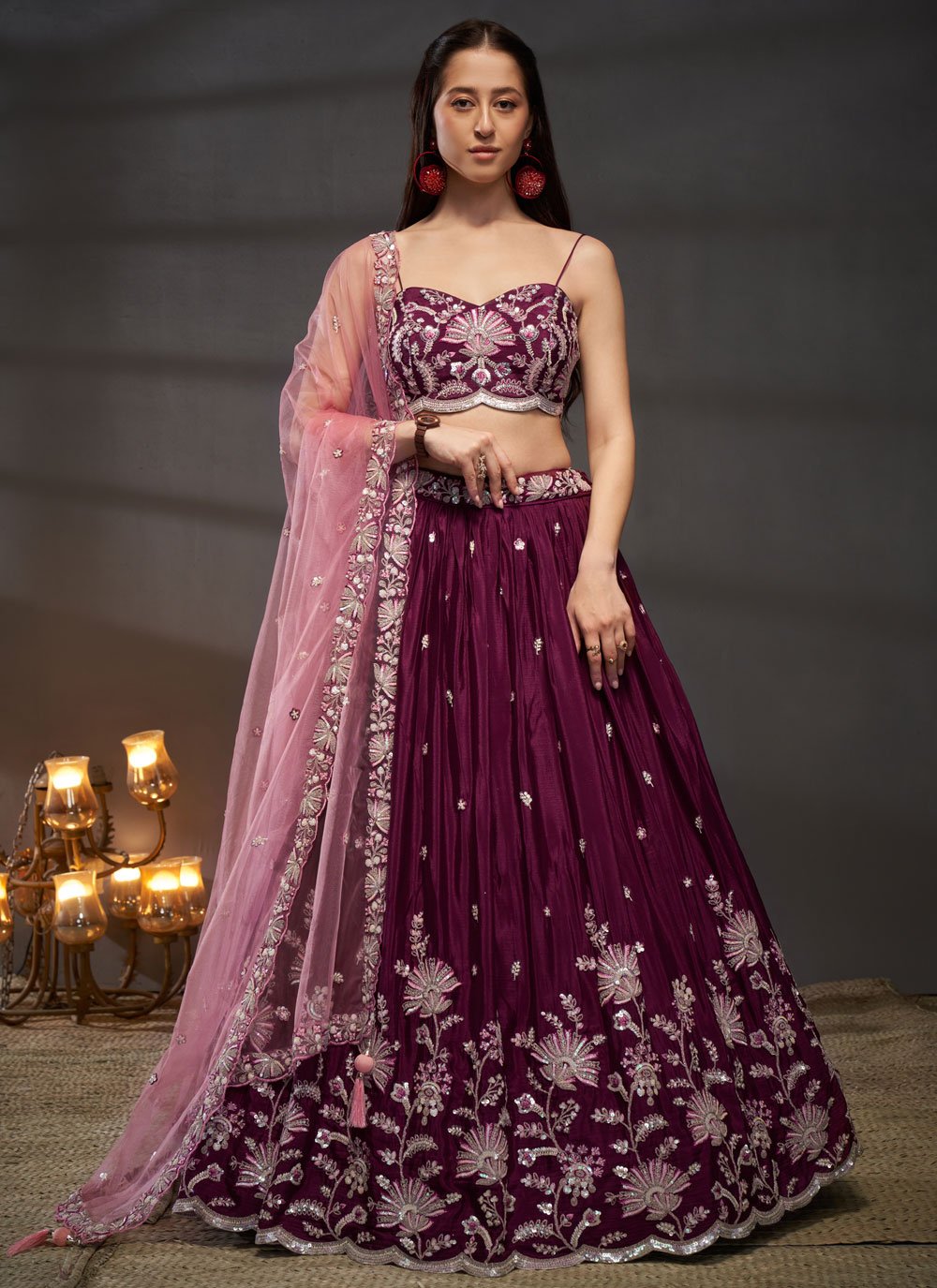 Burgundy Poly Chiffon Traditional Lehenga for Indian Functions