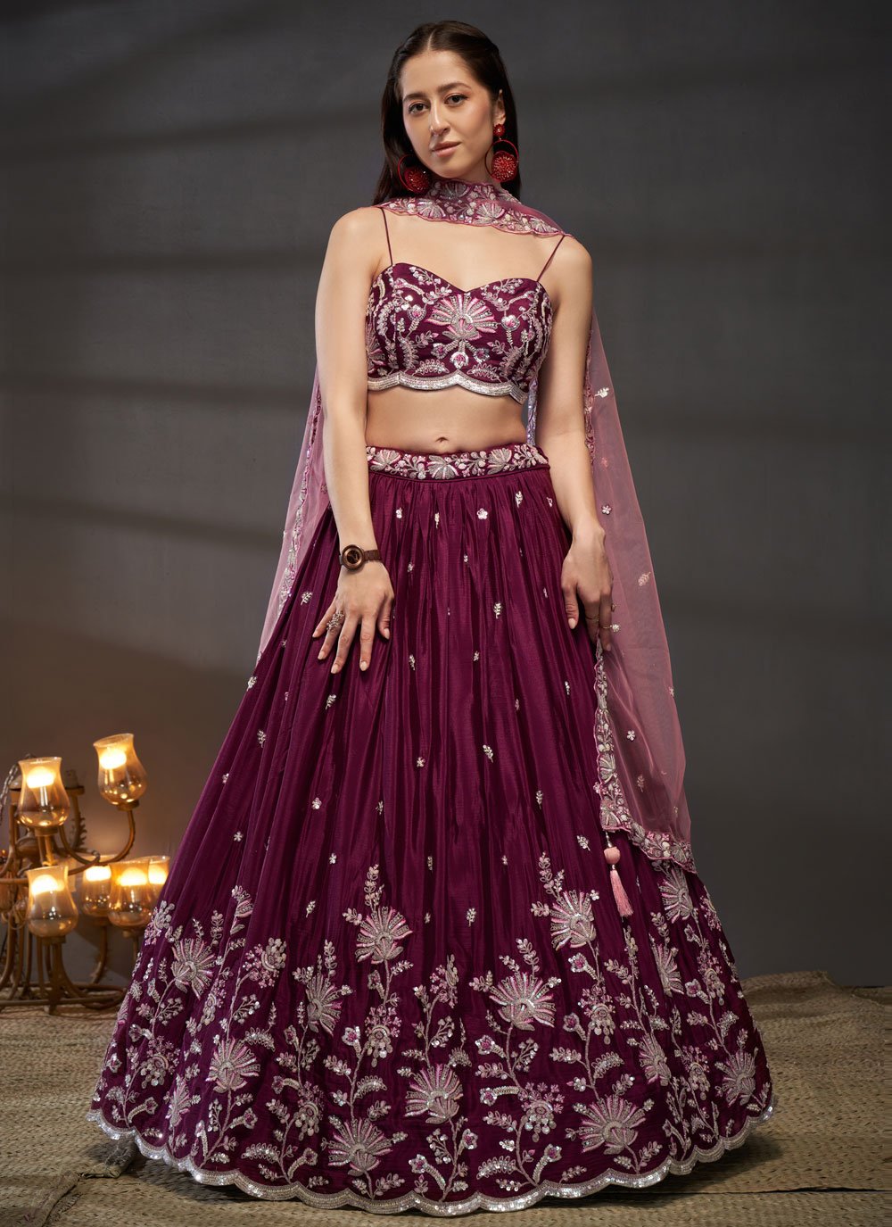 Burgundy Poly Chiffon Traditional Lehenga for Indian Functions