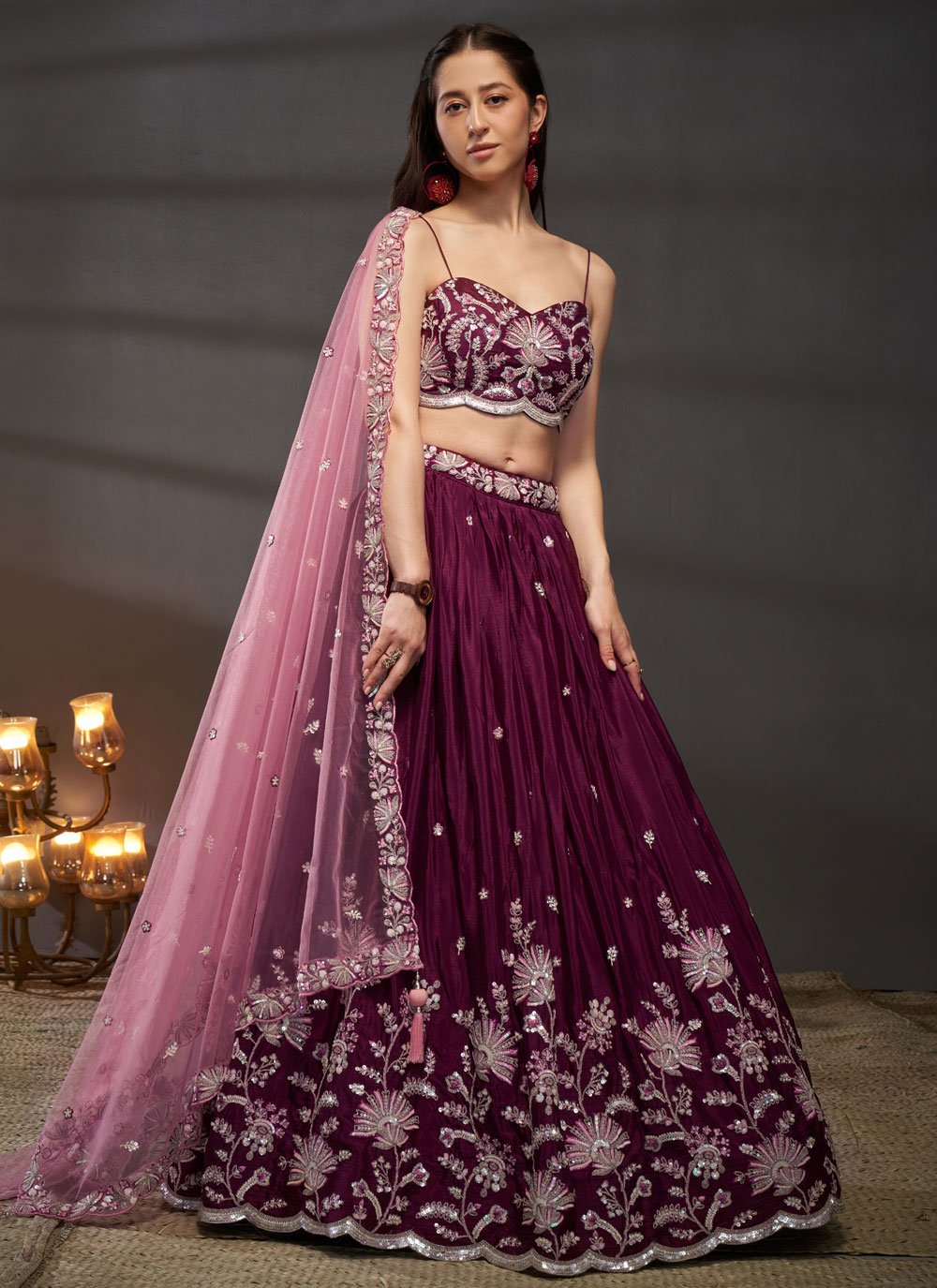 Burgundy Poly Chiffon Traditional Lehenga for Indian Functions