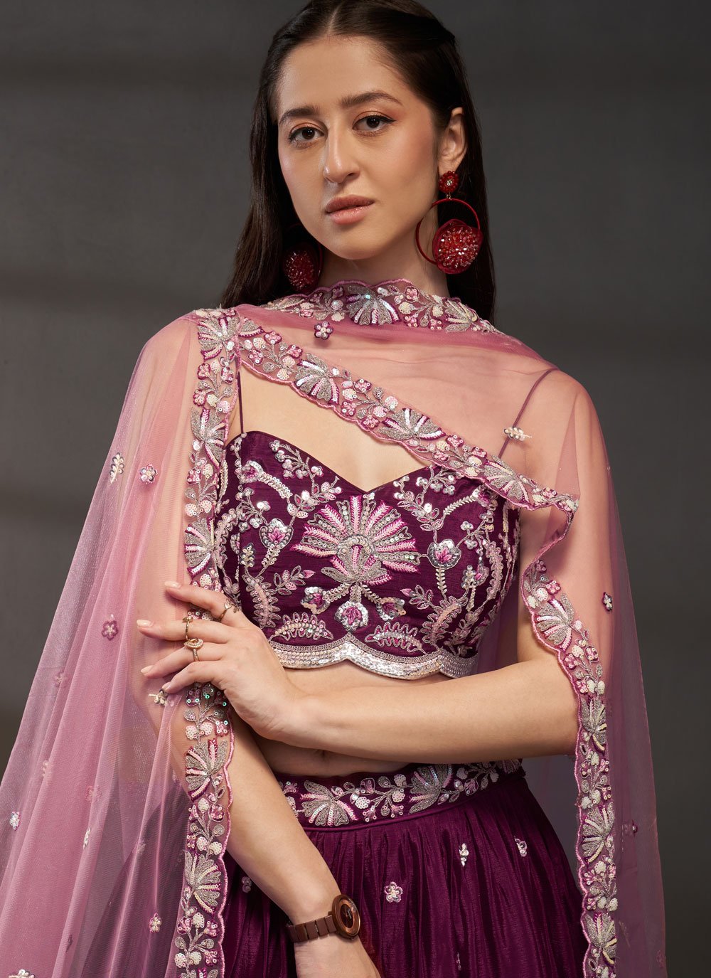 Burgundy Poly Chiffon Traditional Lehenga for Indian Functions