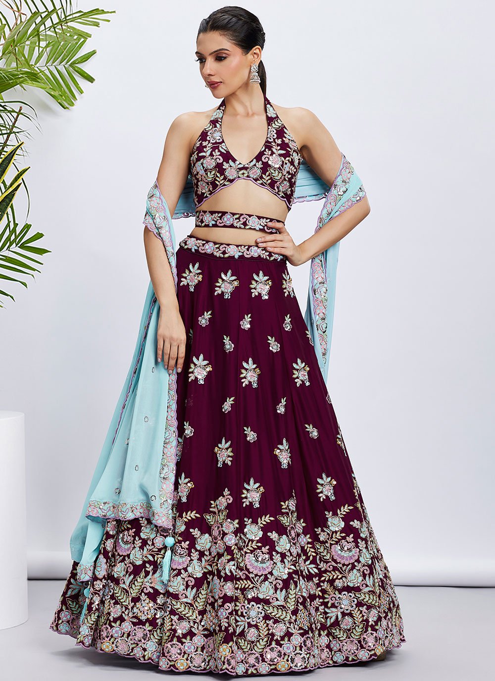 Burgundy Poly Georgette Affordable Wedding Lehenga with Sequins Work