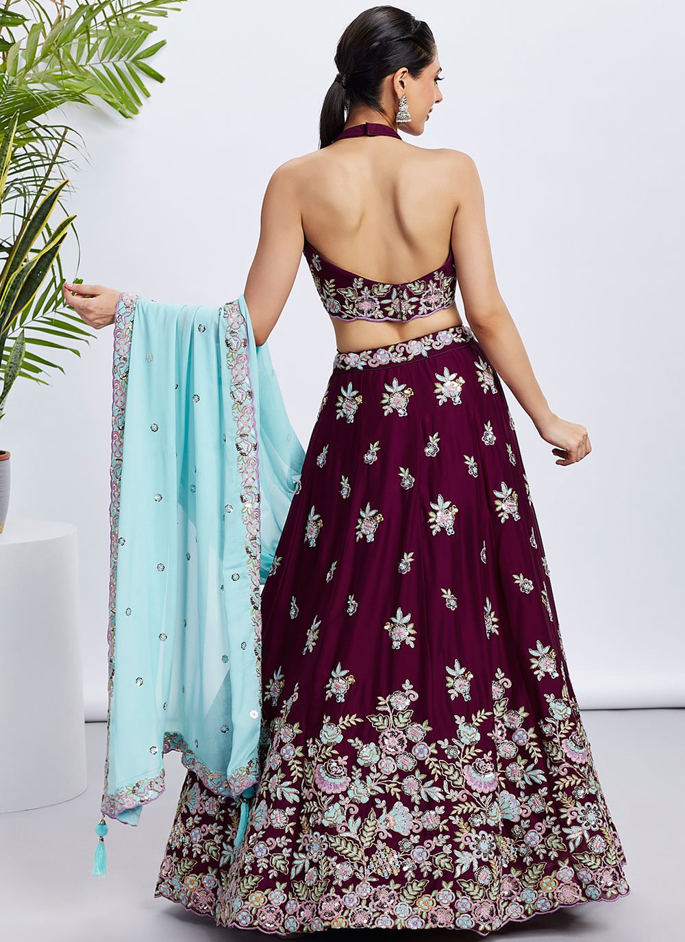 Burgundy Poly Georgette Affordable Wedding Lehenga with Sequins Work