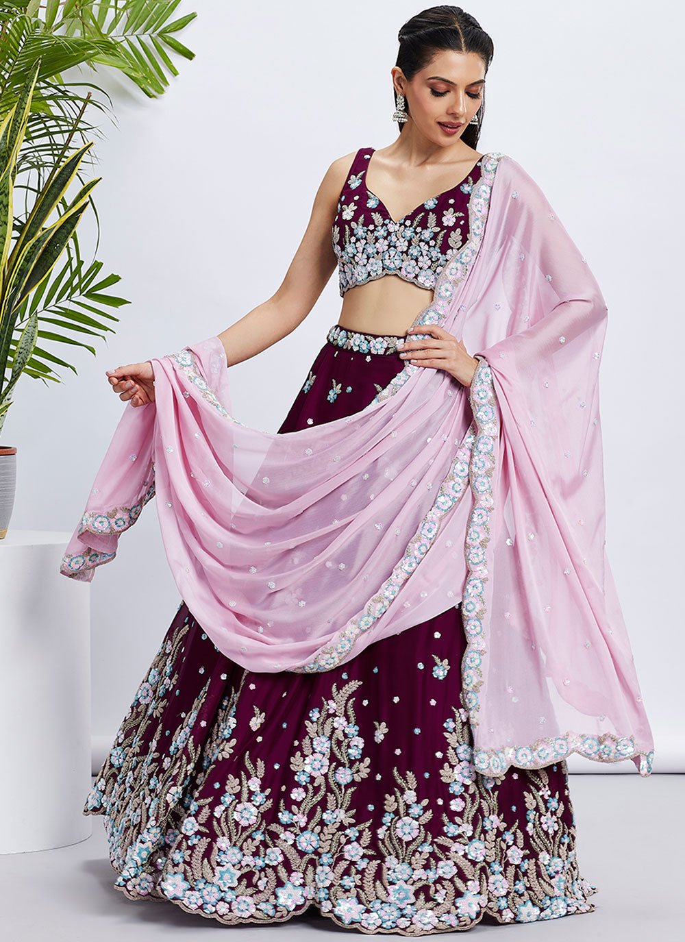 Burgundy Poly Georgette Bridesmaid Lehenga with Sequins & Thread Embroidery