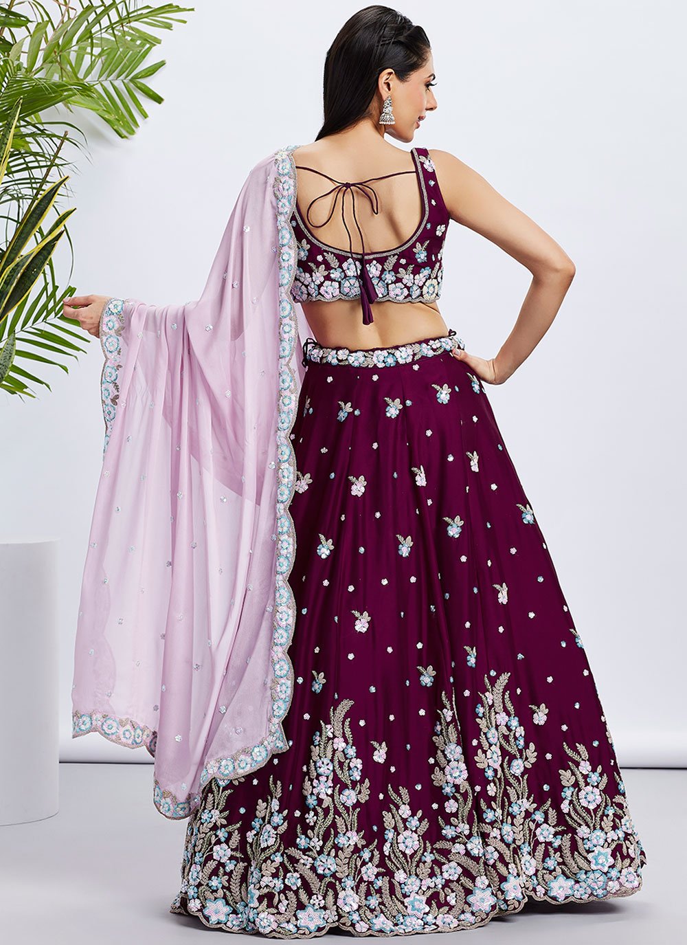 Burgundy Poly Georgette Bridesmaid Lehenga with Sequins & Thread Embroidery