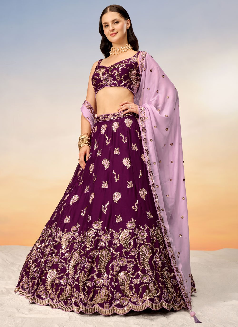 Burgundy Poly Georgette Elegant Indian Lehenga Choli With Sequins And Coding Embroidery