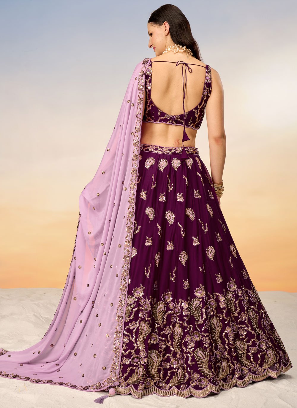 Burgundy Poly Georgette Elegant Indian Lehenga Choli With Sequins And Coding Embroidery