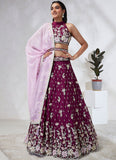 Burgundy Poly Georgette Lehenga Choli Set with Printing and Swarovski Stone