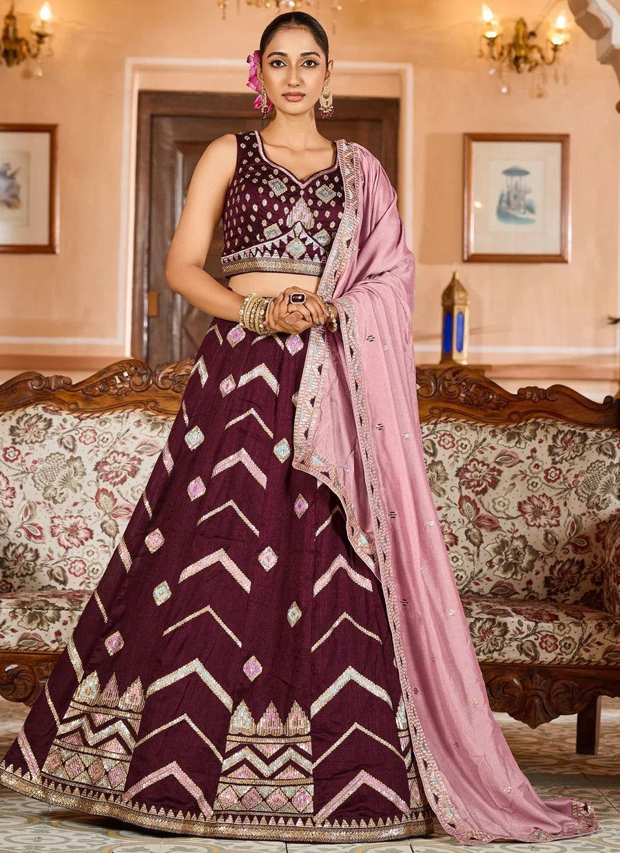 Exquisite Burgundy Wedding Guest Lehenga with Pink Silk Dupatta