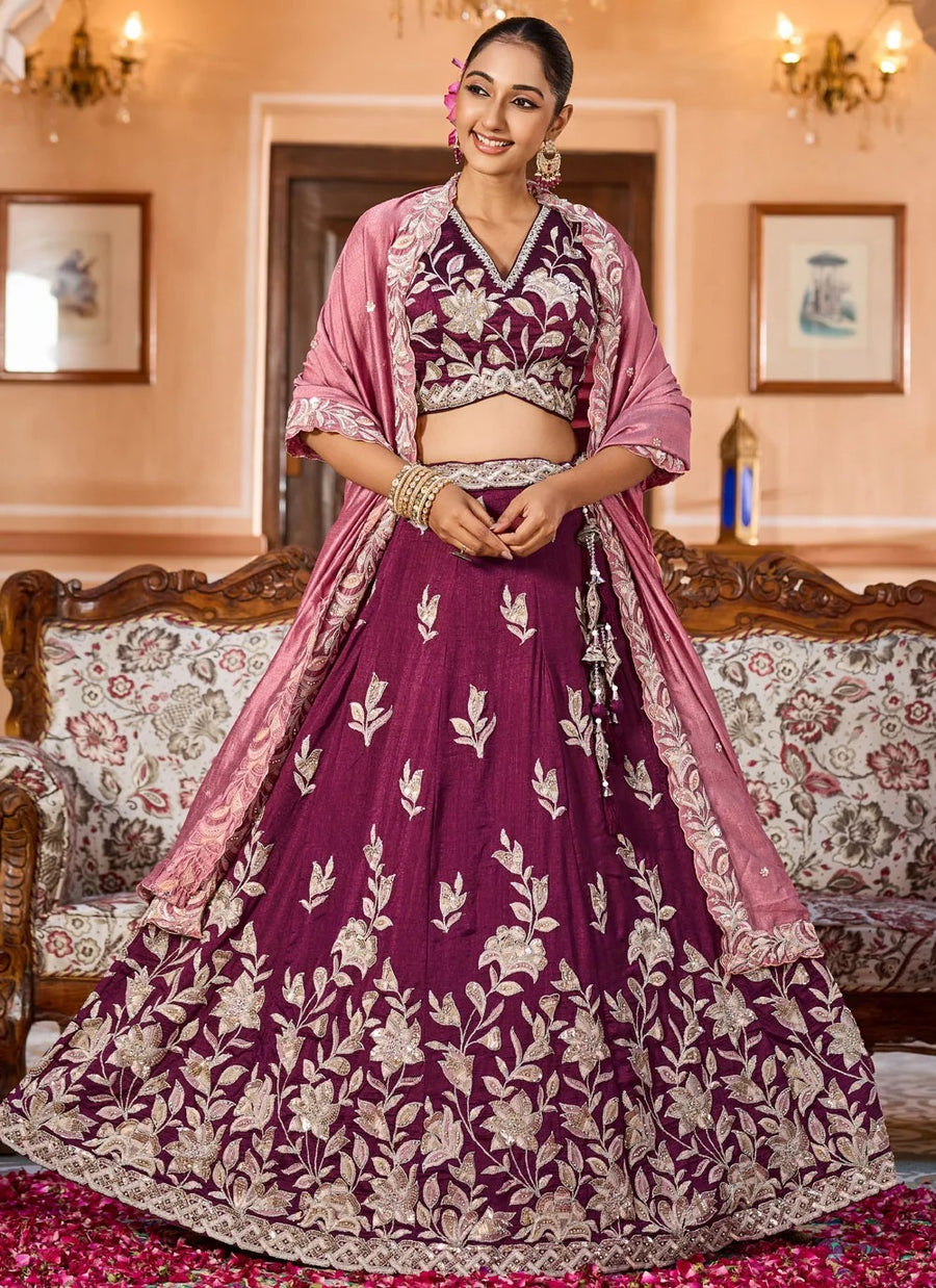 Burgundy Wedding Guest Lehenga with Pink Silk Dupatta