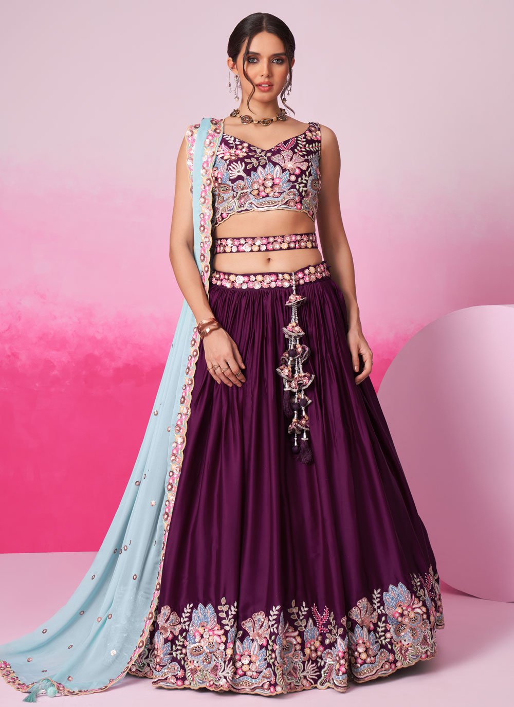 Burgundy Satin Festive Lehenga with Sequins Embroidery for Weddings