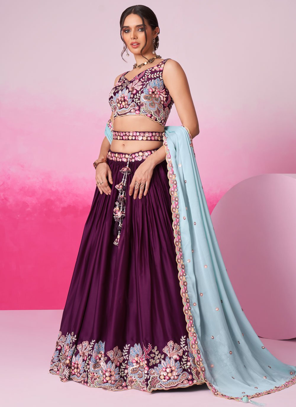 Burgundy Satin Festive Lehenga with Sequins Embroidery for Weddings