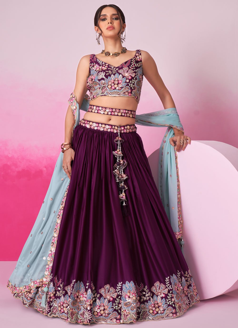 Burgundy Satin Festive Lehenga with Sequins Embroidery for Weddings