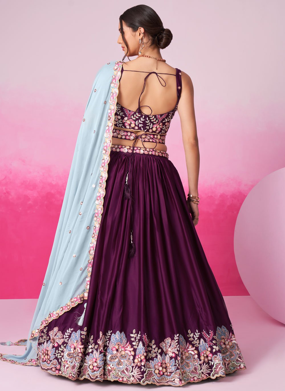 Burgundy Satin Festive Lehenga with Sequins Embroidery for Weddings