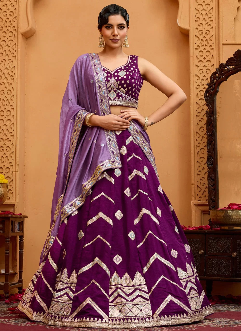Burgundy Silk Bridesmaid Wedding Lehenga with Embroidery