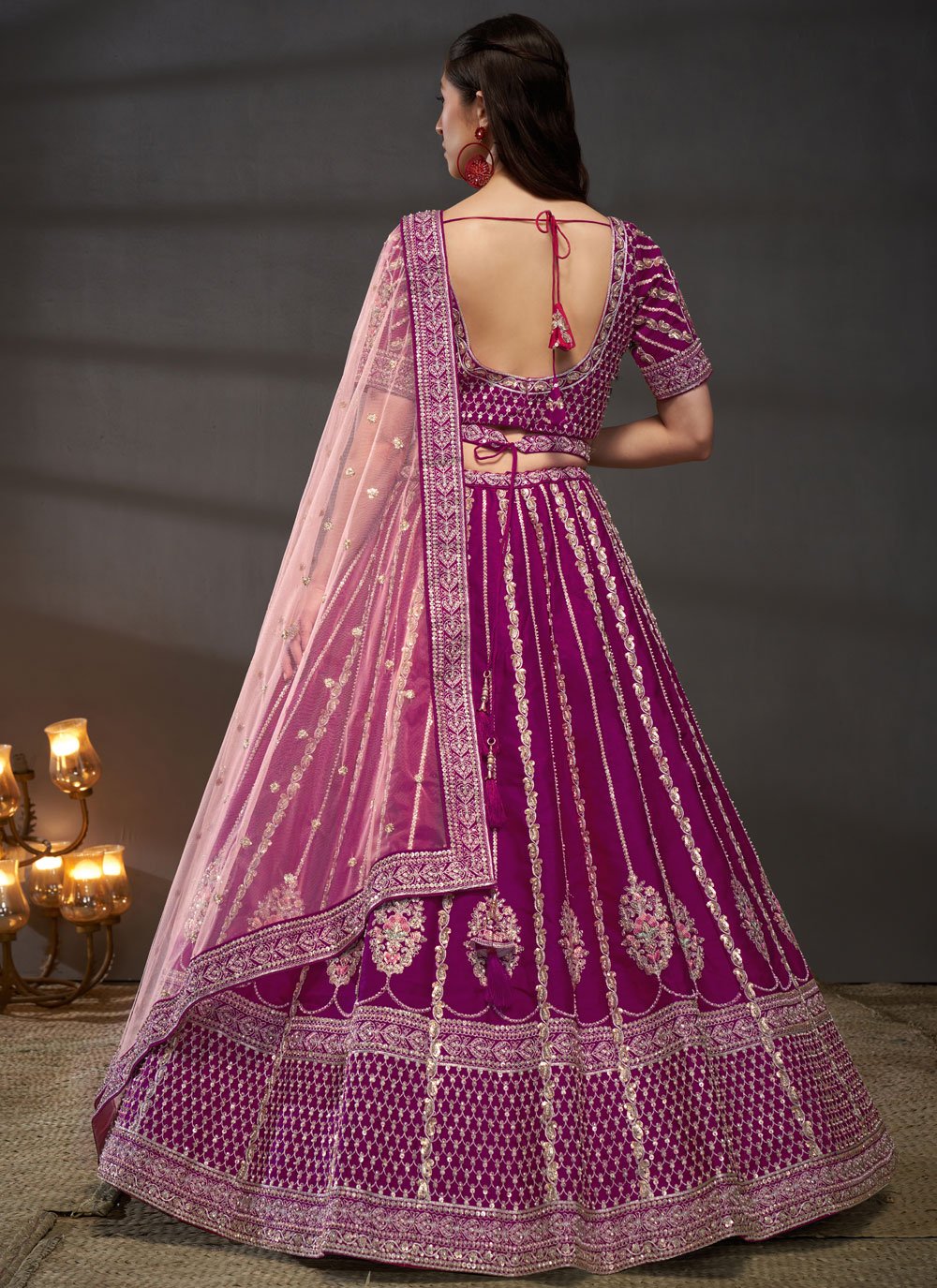 Burgundy Silk Moti Zarkan and Sequins Work Bridesmaids Lehenga