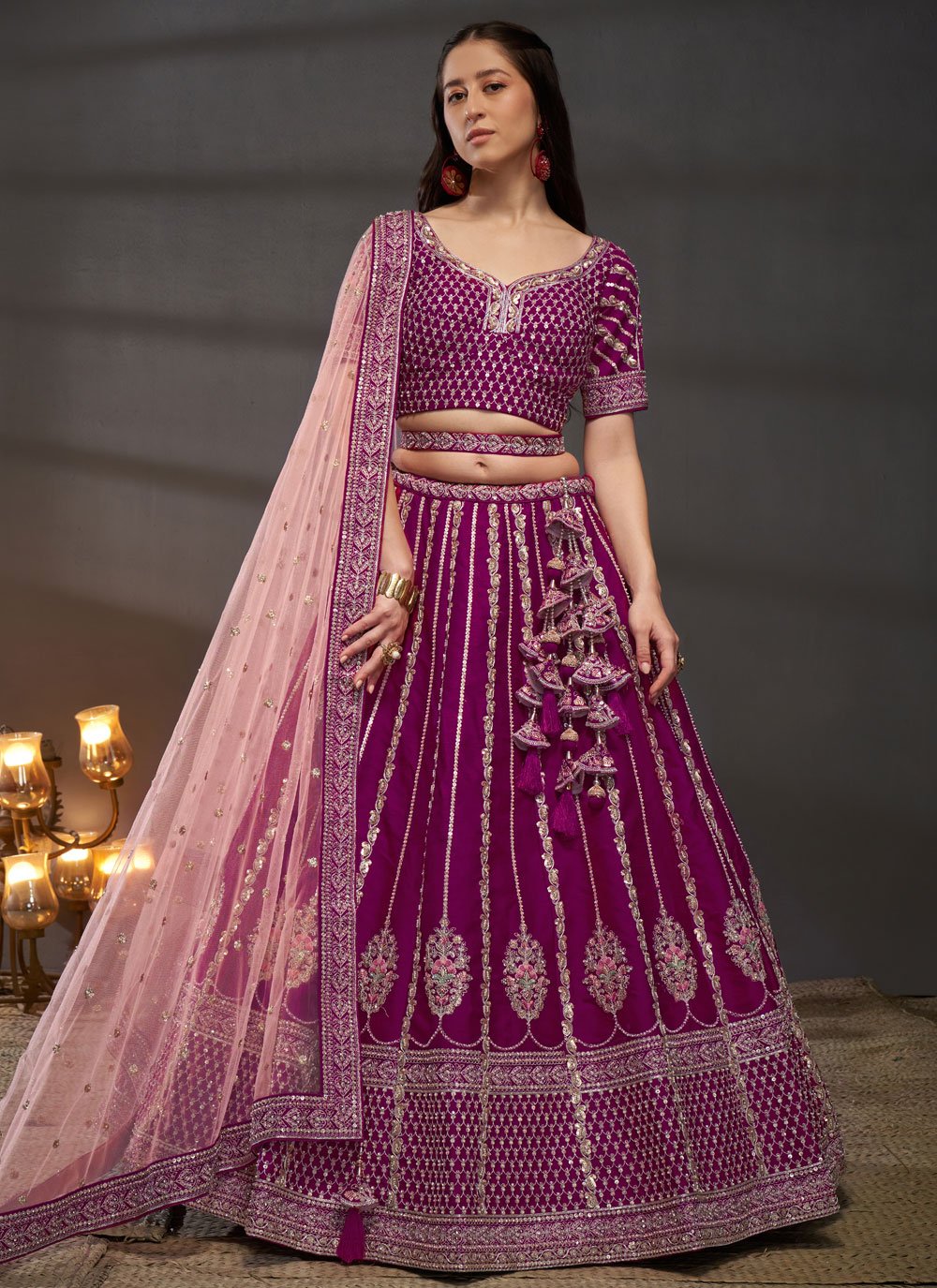 Burgundy Silk Moti Zarkan and Sequins Work Bridesmaids Lehenga