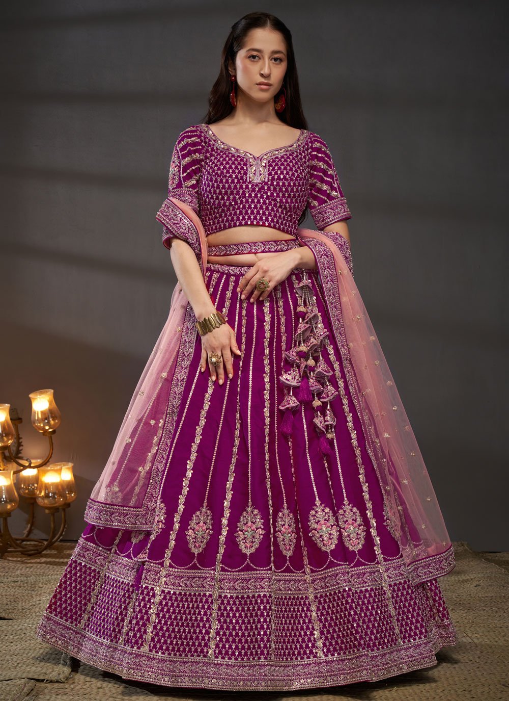 Burgundy Silk Moti Zarkan and Sequins Work Bridesmaids Lehenga