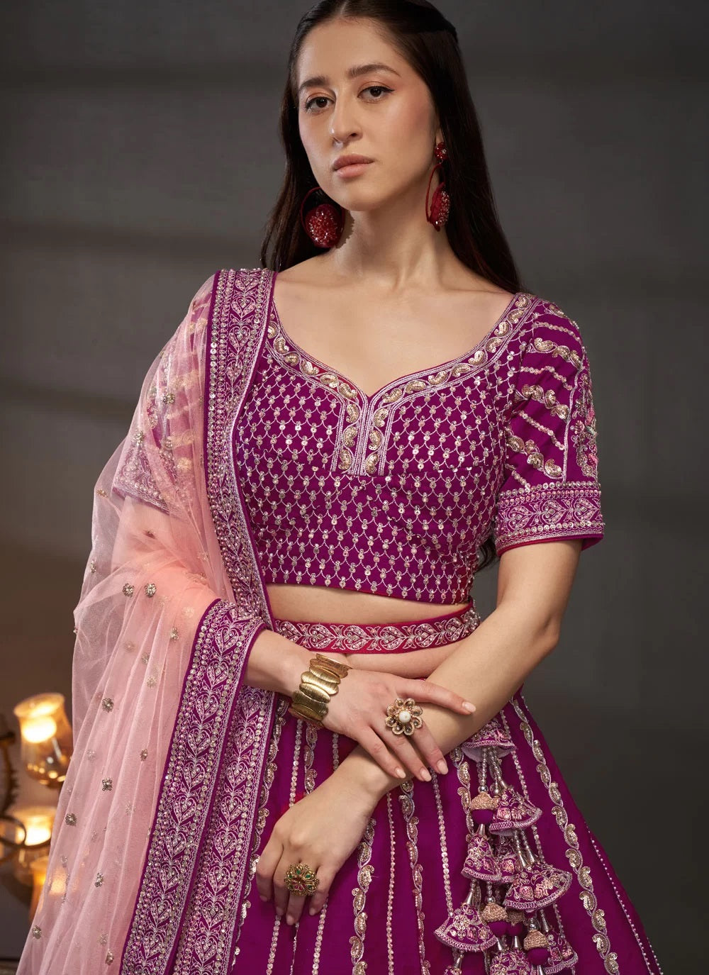 Burgundy Silk Moti Zarkan and Sequins Work Bridesmaids Lehenga