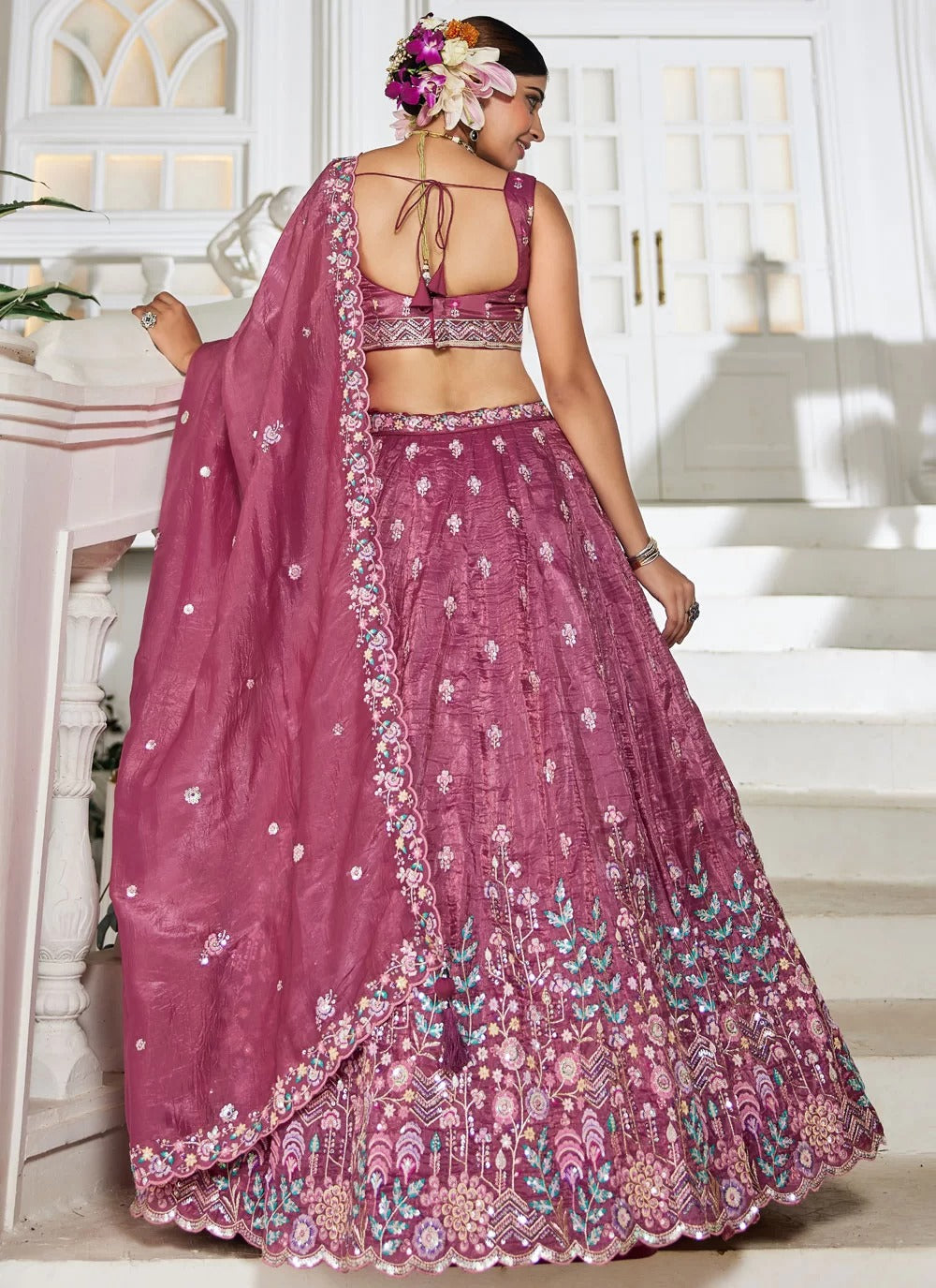 Burgundy Tissue Lehenga with Sequins and Embroidery Work for Wedding