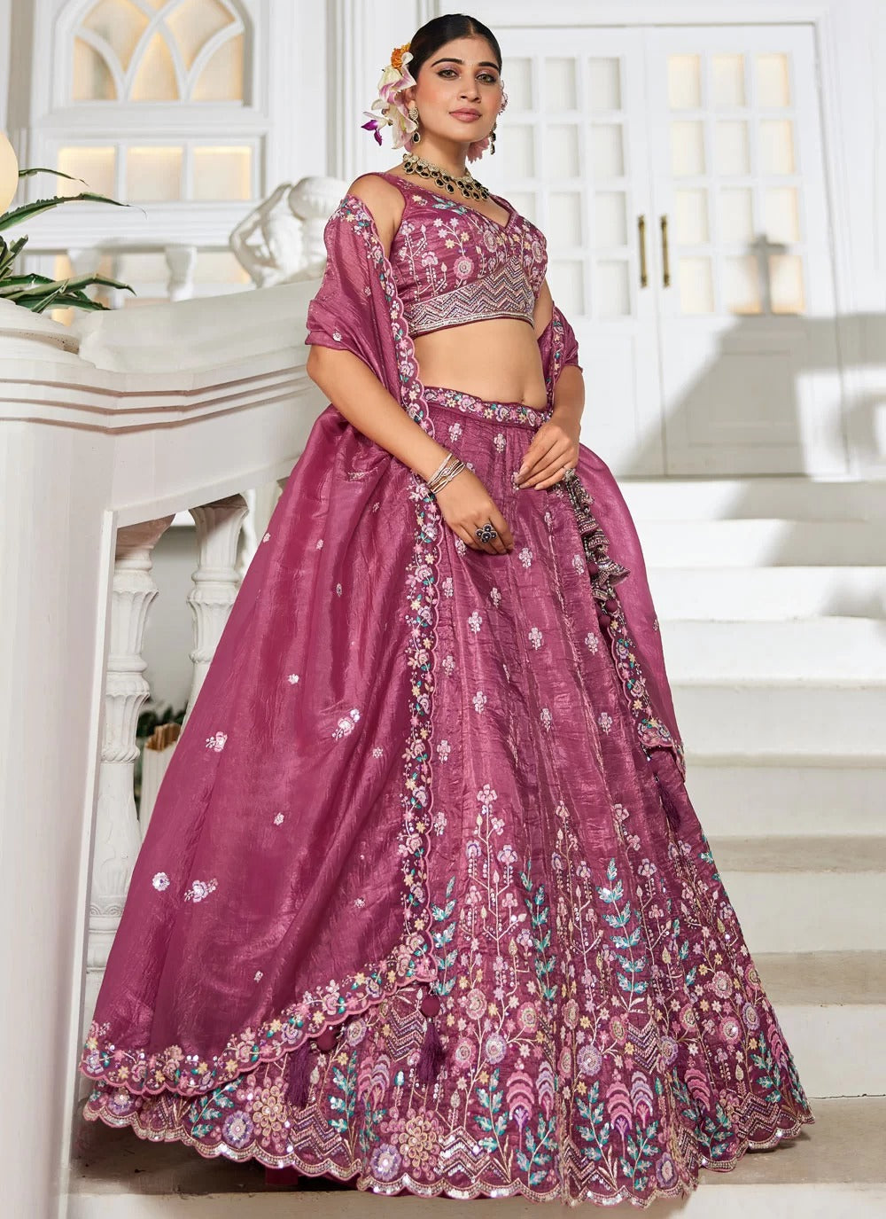 Burgundy Tissue Embroidered Wedding Lehenga Choli with Sequins & Cutwork Dupatta
