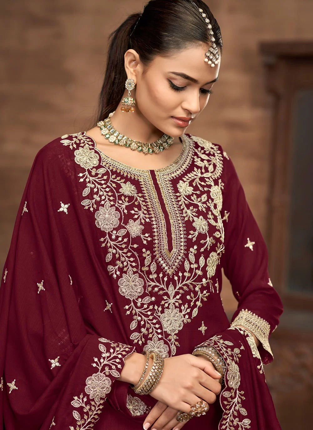 Burgundy Vichitra Silk Stitched Lehenga Choli