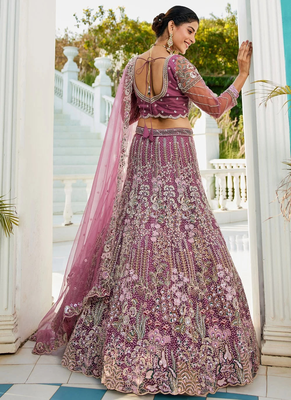 Burgundy net blouse with sequin and zarkan work