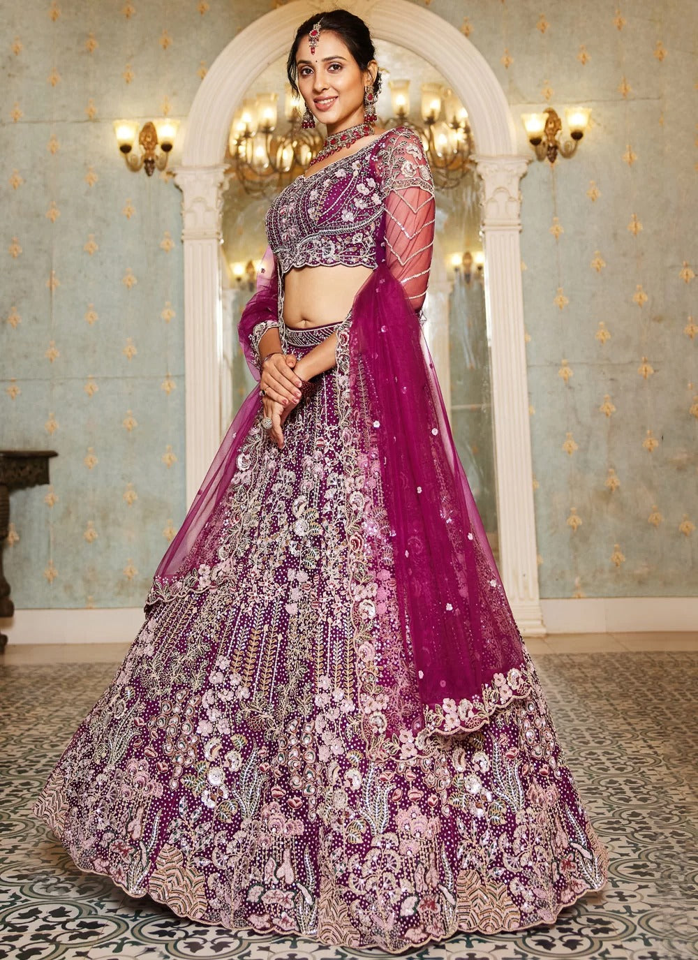 Burgundy Net Bridal Wedding Lehenga with Sequins and Embroidery Work