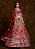 Captivating Red Art Silk Lehenga with Thread, Zari & Zarkan Work