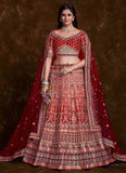 Captivating Red Art Silk Lehenga with Thread, Zari & Zarkan Work