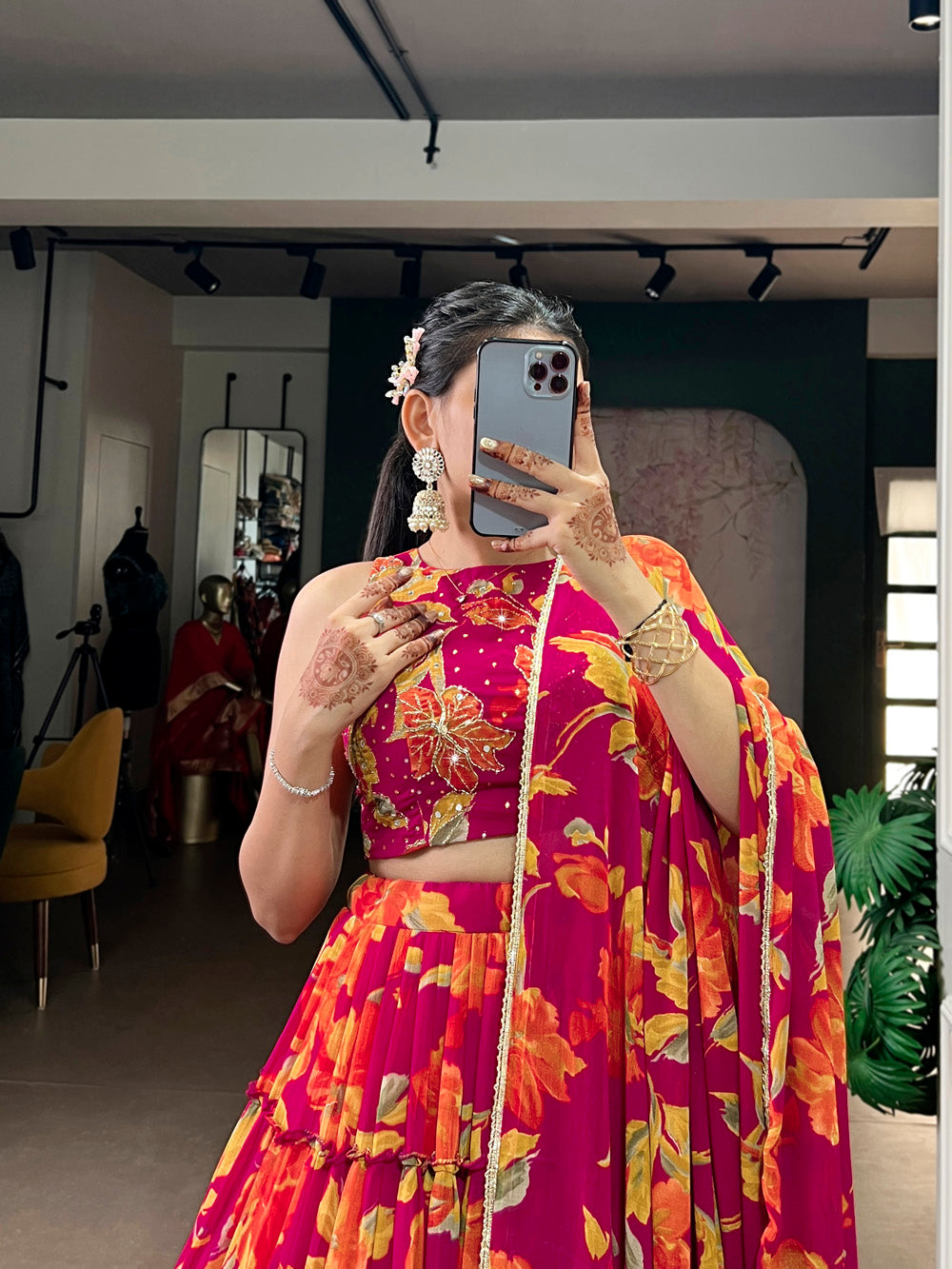 traditional pink floral lehenga