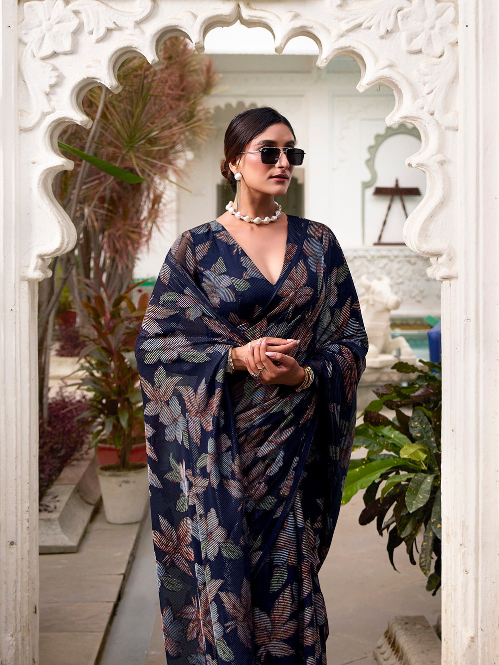 Party and festive wear navy blue brasso saree